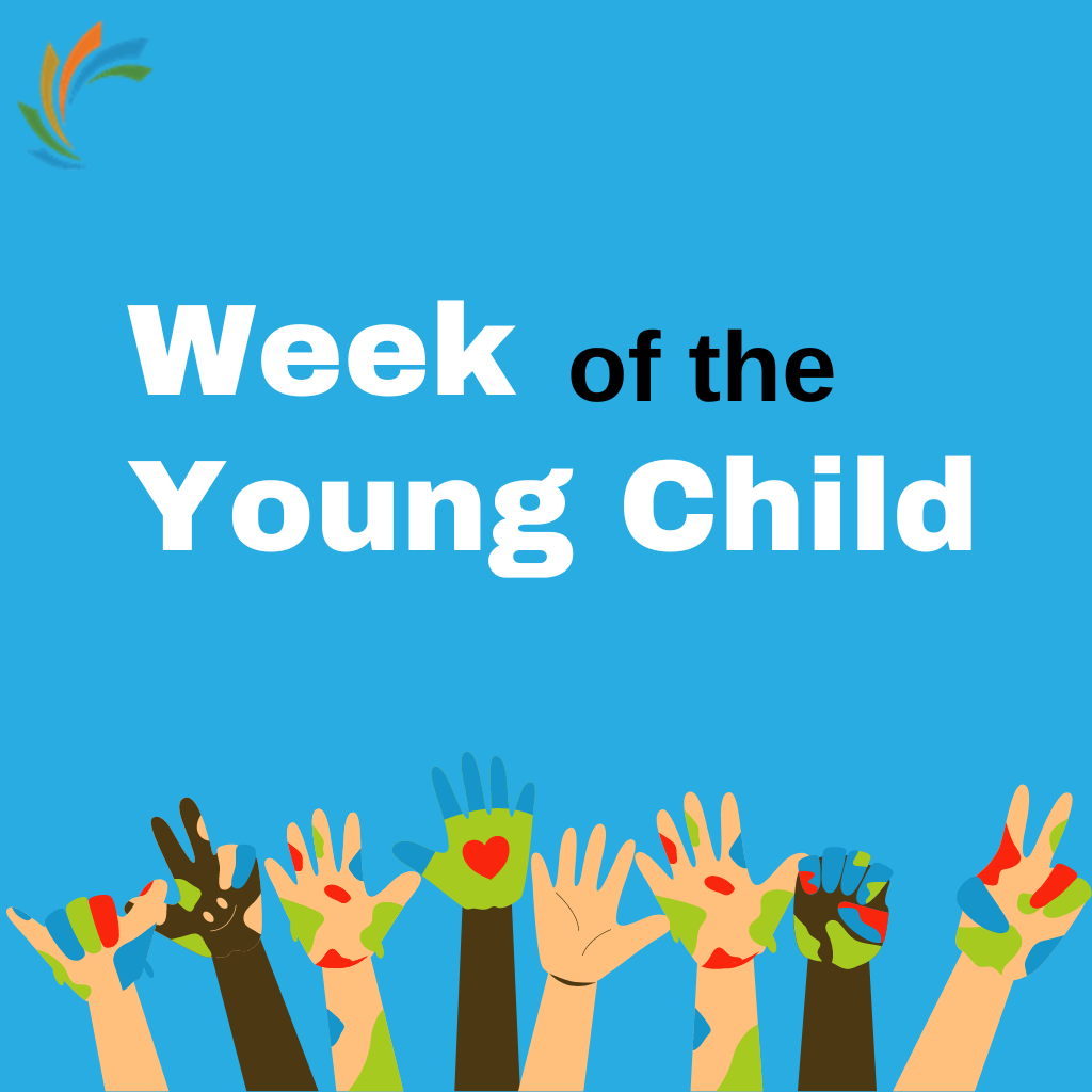 "Week of the Young Child" text on a blue background with an image of children's hands with paint on them