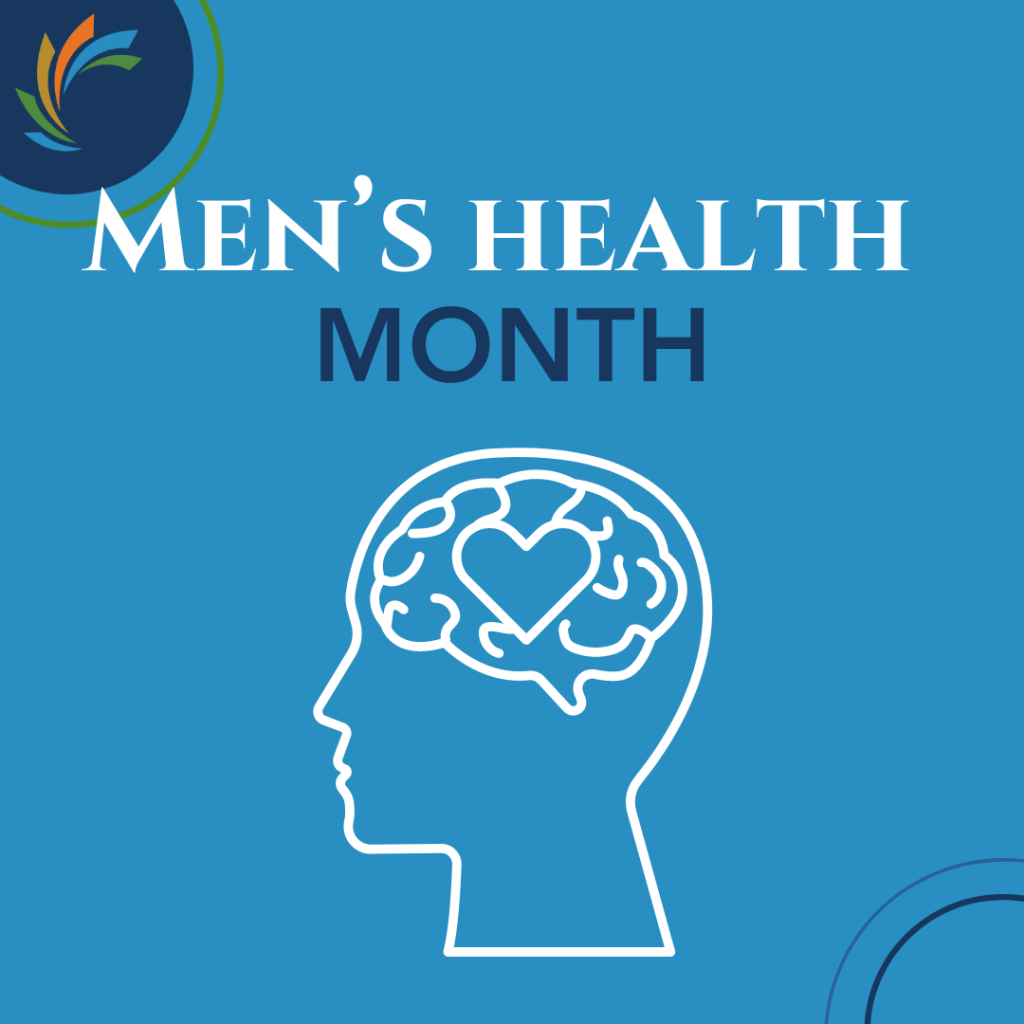 Image with a blue background with headline text that says, "Men's Mental Health Month." and an white outline of a face with a brain that has a heart in it.